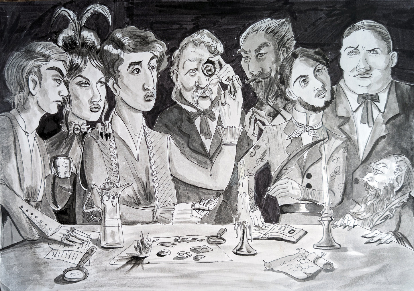 Seven wizards and one witch studying a gem - Original Drawing